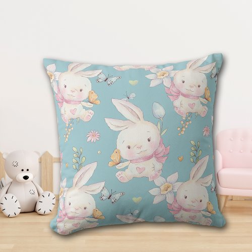 White Bunny and Butterflies Baby Nursery Throw Pillow