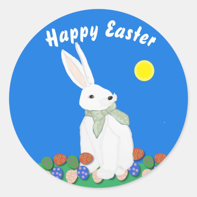 White Bunny and Eggs Classic Round Sticker (Front)