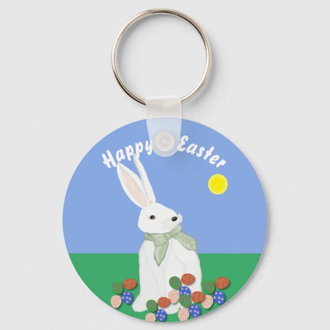 White Bunny and Eggs  Keychain (Front)