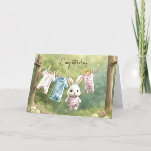 White Bunny and Laundry for Baby Girl  Card