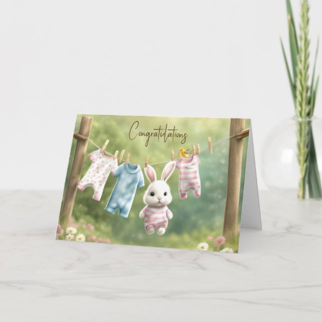 White Bunny and Laundry for Baby Girl  Card (Front)