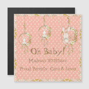 White Bunny Baby Girl Birth Announcement Pink