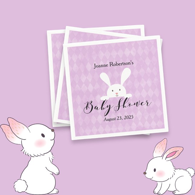 White Bunny Baby Shower Modern | Purple Argyle Napkins (Creator Uploaded)