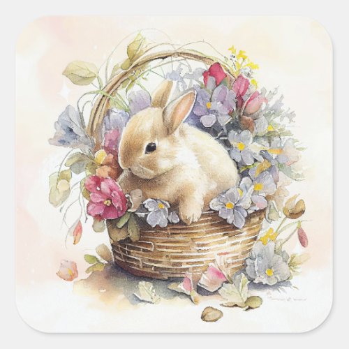 White Bunny Basket Pink Purple Flowers Easter  Square Sticker