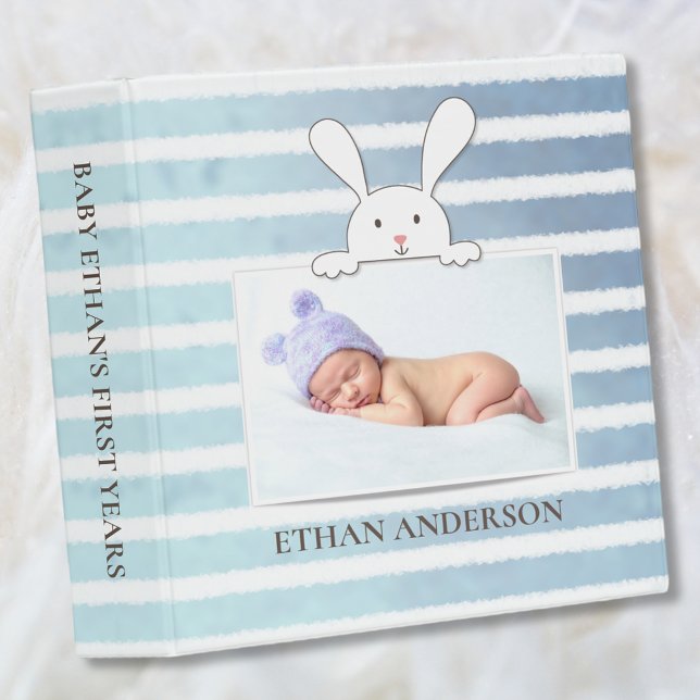 White Bunny Blue Stripe Baby Boy Scrapbook Album 3 Ring Binder (Creator Uploaded)
