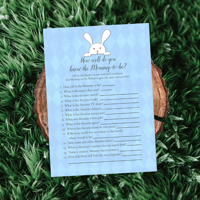 White Bunny Blue Who Knows Mommy Best Shower Game Invitation (Creator Uploaded)