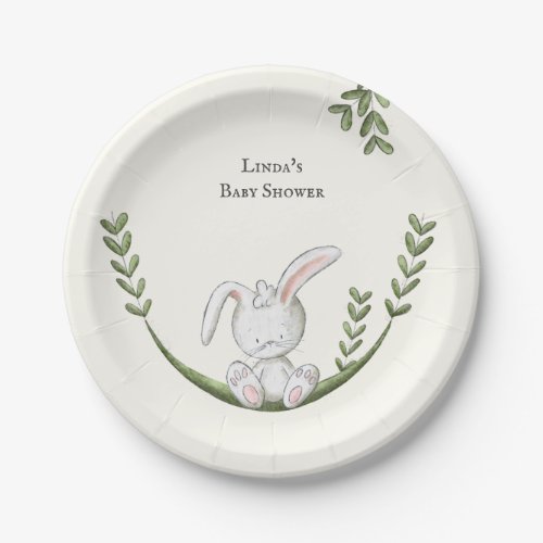 White Bunny Botanical Neutral Baby Shower Paper Plates