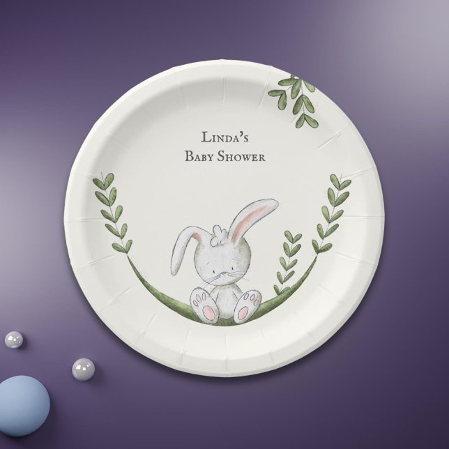 White Bunny Botanical Neutral Baby Shower Paper Plates (Creator Uploaded)
