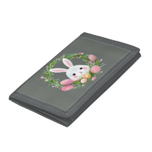 White Bunny Easter Wreath Tri-fold Wallet