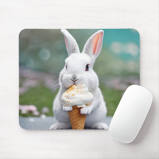 White Bunny Eating An Ice Cream Cone Mouse Pad (With Mouse)