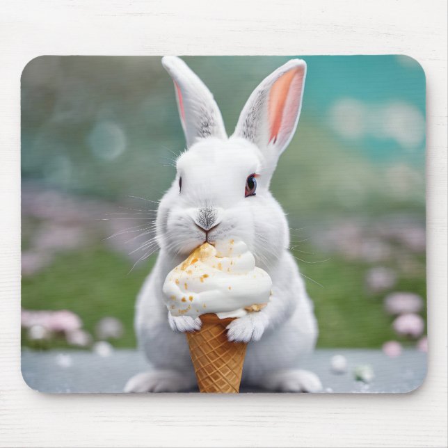 White Bunny Eating An Ice Cream Cone Mouse Pad (Front)