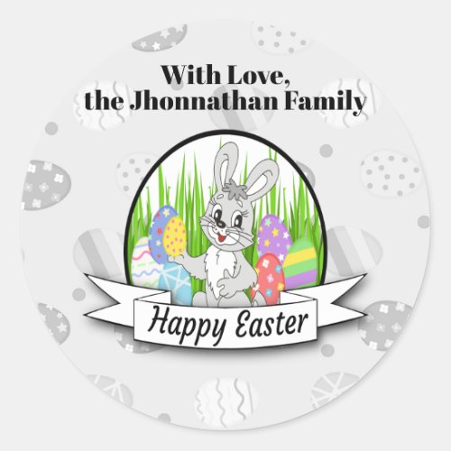 White Bunny Egg Happy Easter Ribbon Word Art  Classic Round Sticker