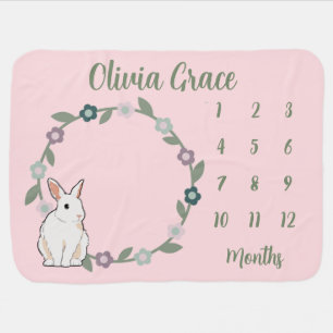 White Bunny Floral Garland Monthly Milestone Baby Blanket