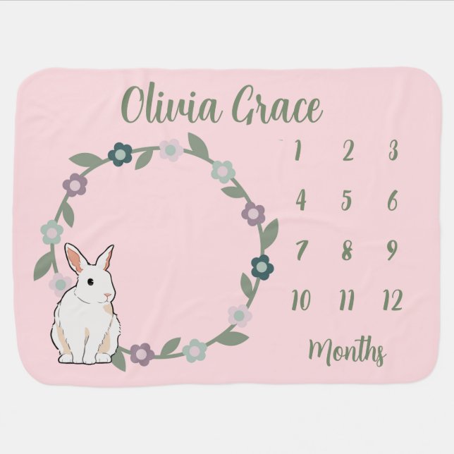 White Bunny Floral Garland Monthly Milestone  Baby Blanket (Horizontal)