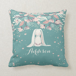 White Bunny & Flowers Custom Name Throw Pillow