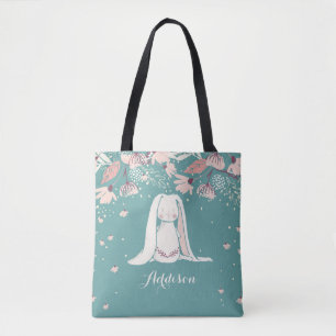 White Bunny & Flowers Custom Name Tote Bag