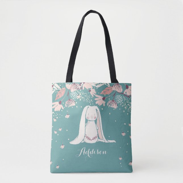 White Bunny & Flowers | Custom Name Tote Bag (Front)