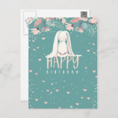 White Bunny & Flowers | Happy Birthday Postcard (Front/Back)