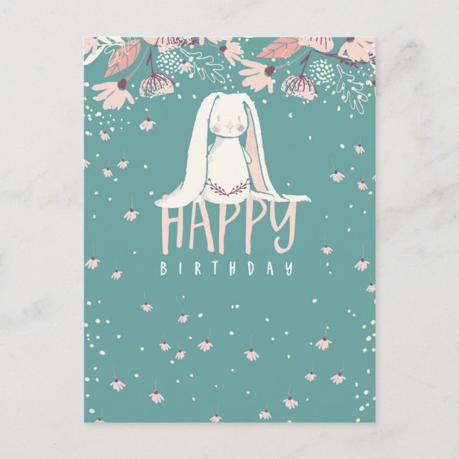 White Bunny & Flowers | Happy Birthday Postcard (Front)