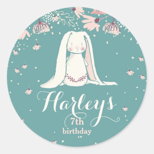 White Bunny  Flowers  Kids Birthday Classic Round Sticker