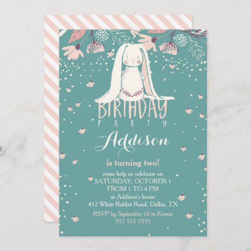 White Bunny  Flowers  Pink  Teal Kids Birthday Invitation