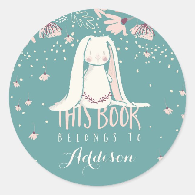 White Bunny & Flowers This Book Belongs To Classic Round Sticker (Front)