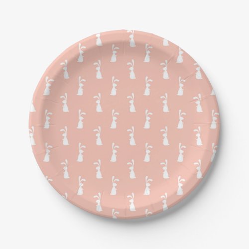 White Bunny Happy Easter Girly Pink Pastel Spring Paper Plates