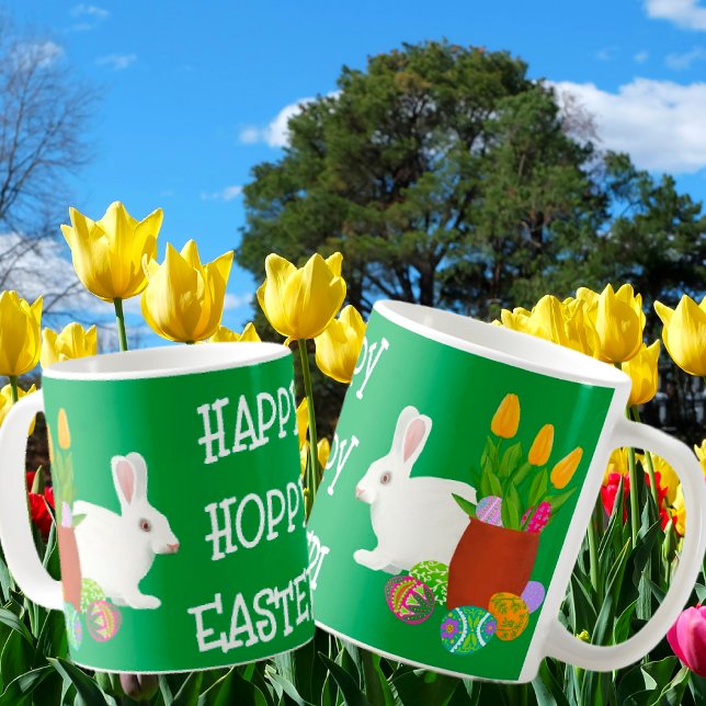 White Bunny Happy Hoppy Easter  Coffee Mug (So cute for Easter! White bunny, yellow tulips and fancy Easter Eggs!)