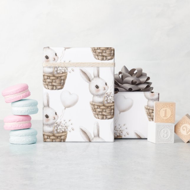 White Bunny Hearts in a Basket Baby Shower Wrapping Paper (Baby Shower)