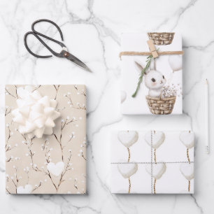White Bunny Hearts in a Basket Baby Shower Wrapping Paper Sheets