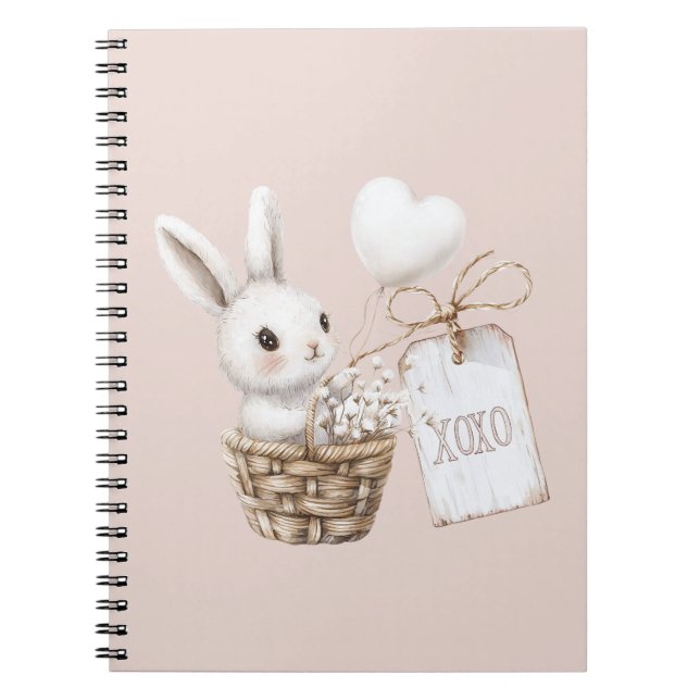 White Bunny Hearts in a Basket Baby Shower XOXO Notebook (Front)