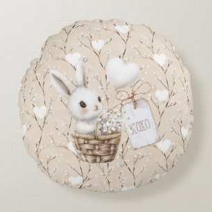 White Bunny Hearts in a Basket Baby Shower XOXO Round Pillow