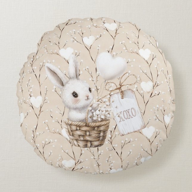 White Bunny Hearts in a Basket Baby Shower XOXO Round Pillow (Front)
