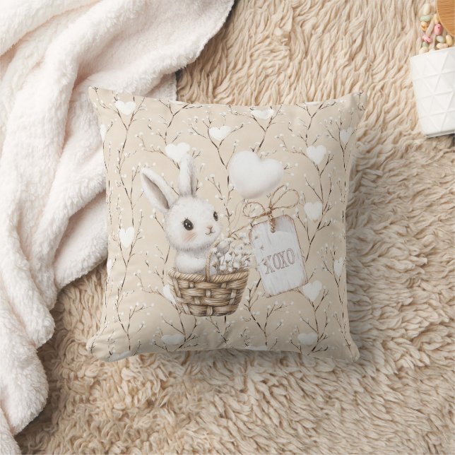 White Bunny Hearts in a Basket Baby Shower XOXO Throw Pillow (Blanket)