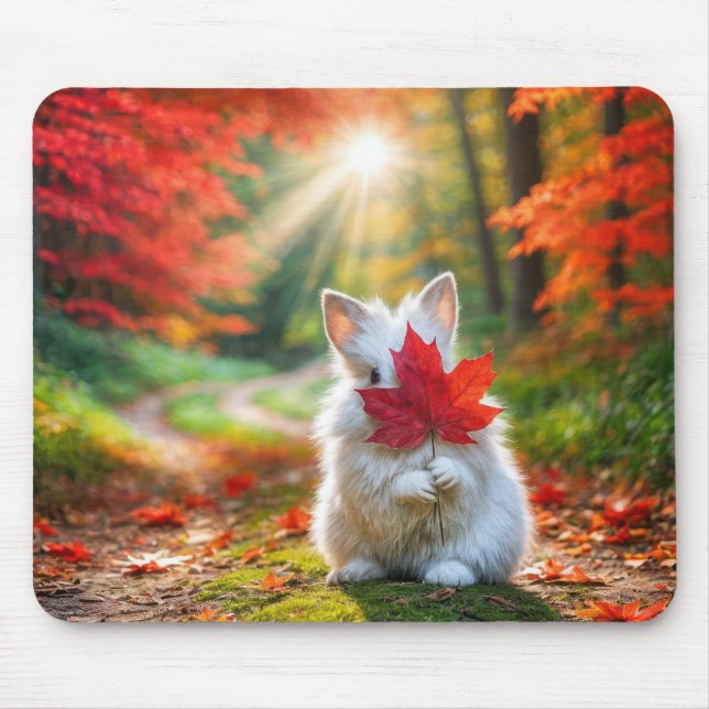 White Bunny Hiding Behind a Red Maple Leaf Mouse Pad (Front)