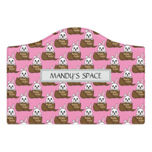 White Bunny in Chocolate Egg Happy Easter Pattern Door Sign
