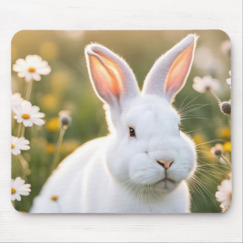 White Bunny In Daisies Mouse Pad