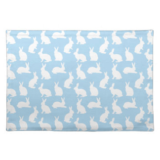 White Bunny Pattern On Blue Cute Easter Cloth Placemat