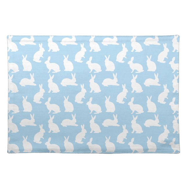 White Bunny Pattern On Blue Cute Easter Cloth Placemat (Front)