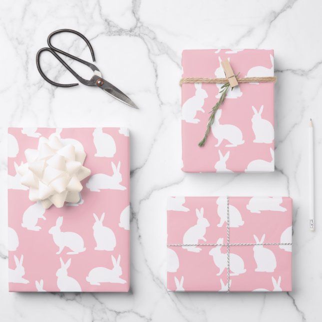 White Bunny Pattern On Blush Pink Adorable Easter Wrapping Paper Sheets (Front)