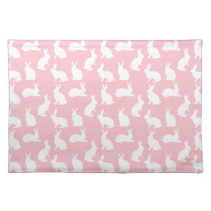 White Bunny Pattern On Blush Pink Fun Easter Cloth Placemat