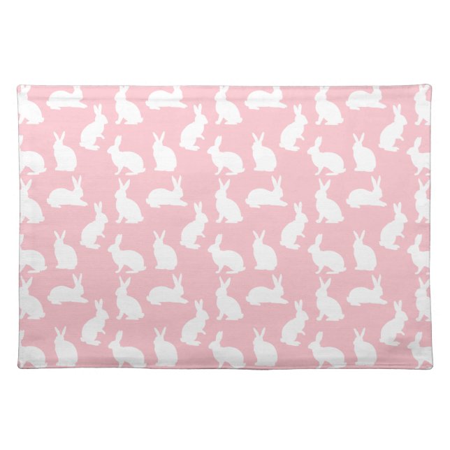 White Bunny Pattern On Blush Pink Fun Easter Cloth Placemat (Front)