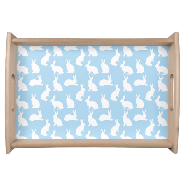 White Bunny Pattern On Light Blue Cute Easter Serving Tray (Front)