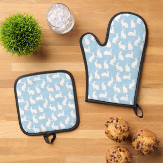 White Bunny Pattern On Pastel Blue Cute Easter Oven Mitt &amp; Pot Holder Set