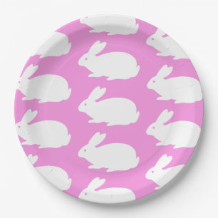White Bunny Pattern On Pink Paper Plates