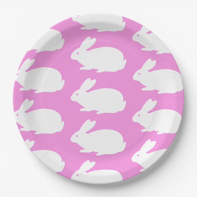 White Bunny Pattern On Pink Paper Plates (Front)