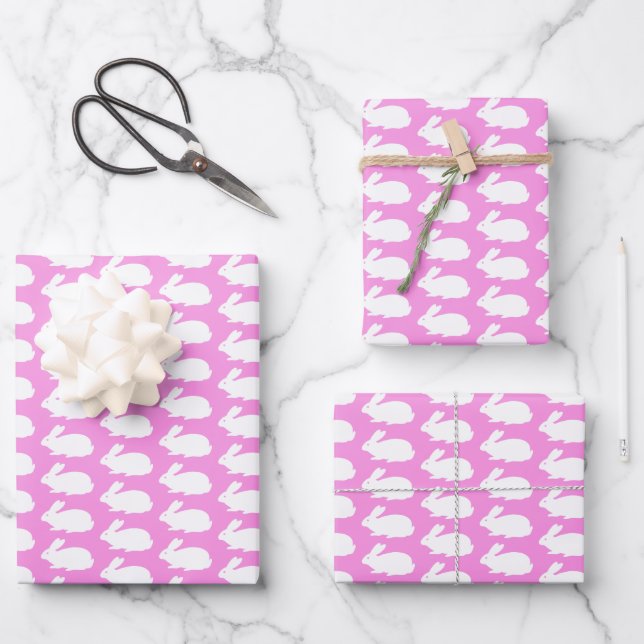 White Bunny Pattern On Pink Wrapping Paper Sheets (Front)