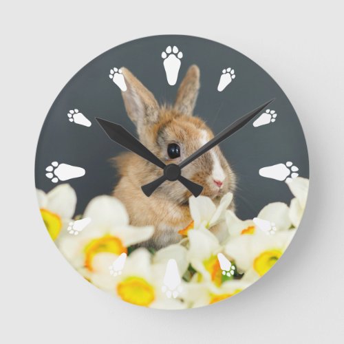 White Bunny Paw Prints Add Your Photo Round Clock