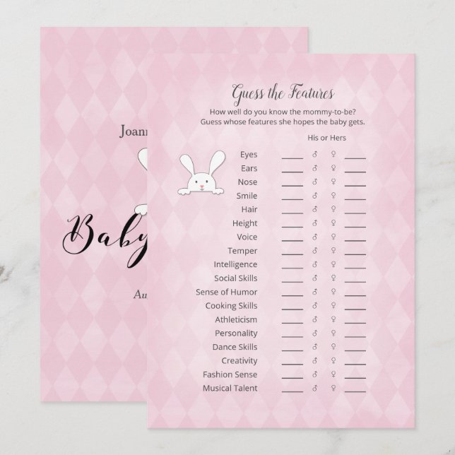 White Bunny Pink Argyle Guess The Features Game Invitation (Front/Back)
