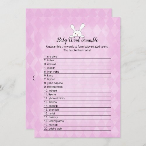 White Bunny Purple Argyle Baby Word Scramble Game Invitation